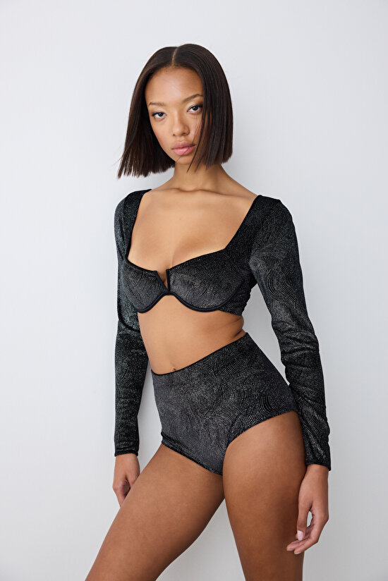 Shinny Velvet Uzun Kollu Siyah Croplet - 6