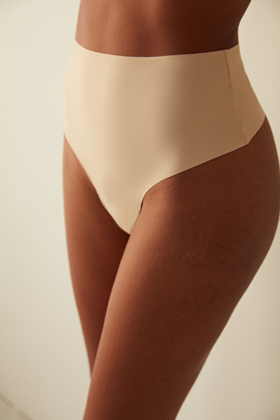 Beige Smooth Seamless Non-Trace Low Waist Thong - 2