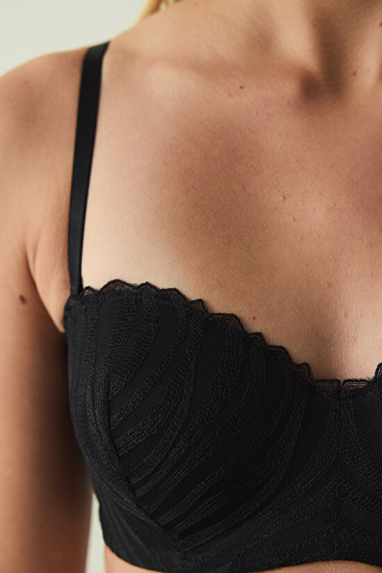 Black Lotus Embroidery Zebra Patterned Strapless Underwire Non-Padded Bra - 4