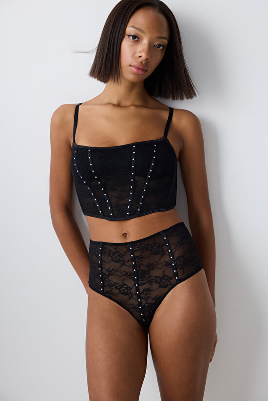 Shinny Lace Dantel Yüksek Bel Tanga Külot - 3