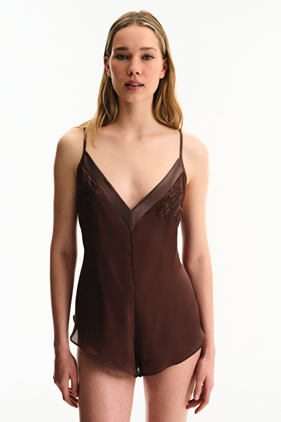 Kahverengi Saten Chiffon Teddy Tulum - 1