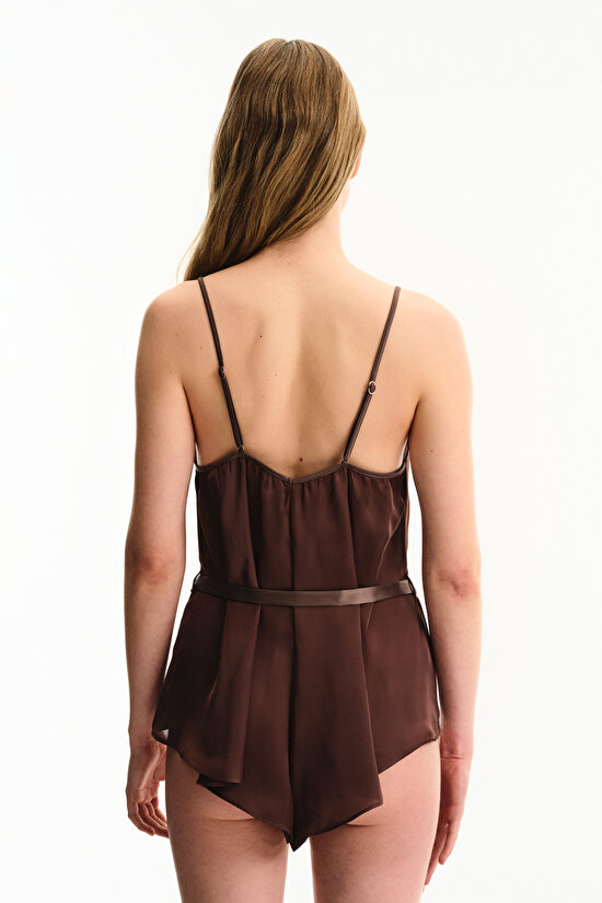 Kahverengi Saten Chiffon Teddy Tulum - 2