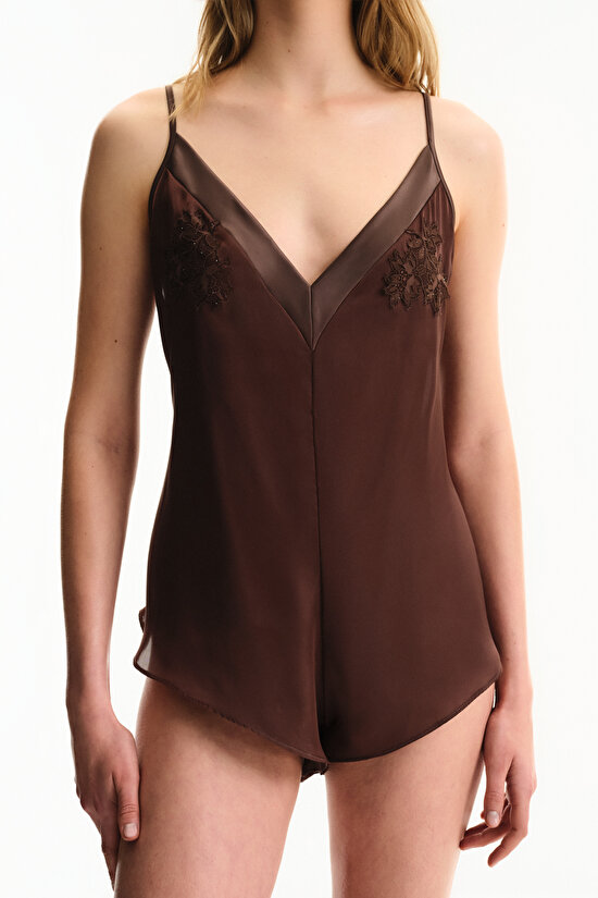 Kahverengi Saten Chiffon Teddy Tulum - 3