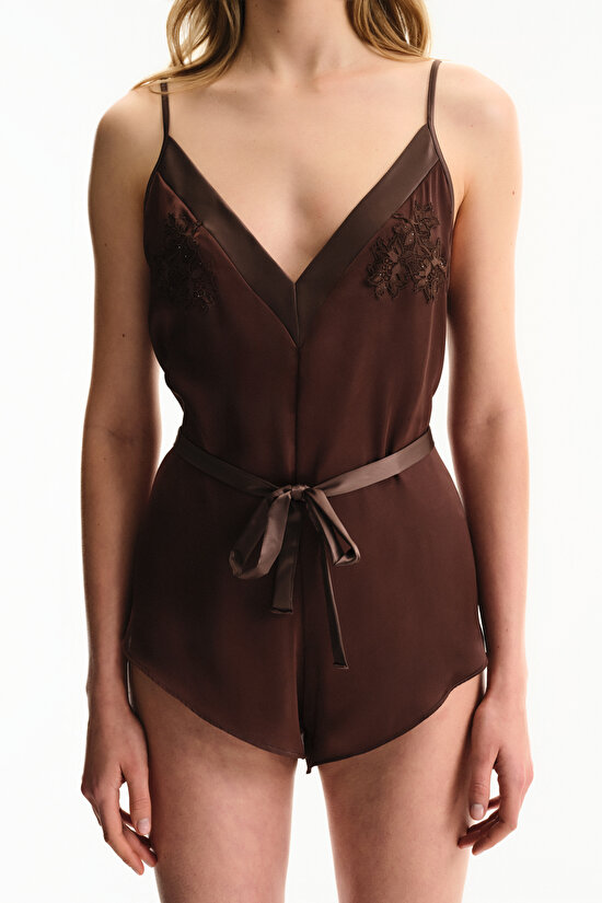 Kahverengi Saten Chiffon Teddy Tulum - 4