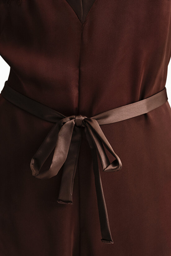 Kahverengi Saten Chiffon Teddy Tulum - 5