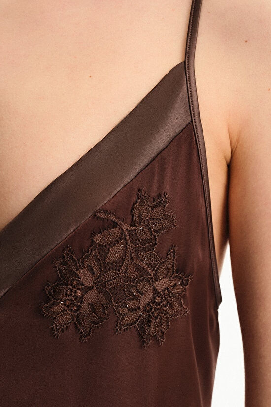 Kahverengi Saten Chiffon Teddy Tulum - 6