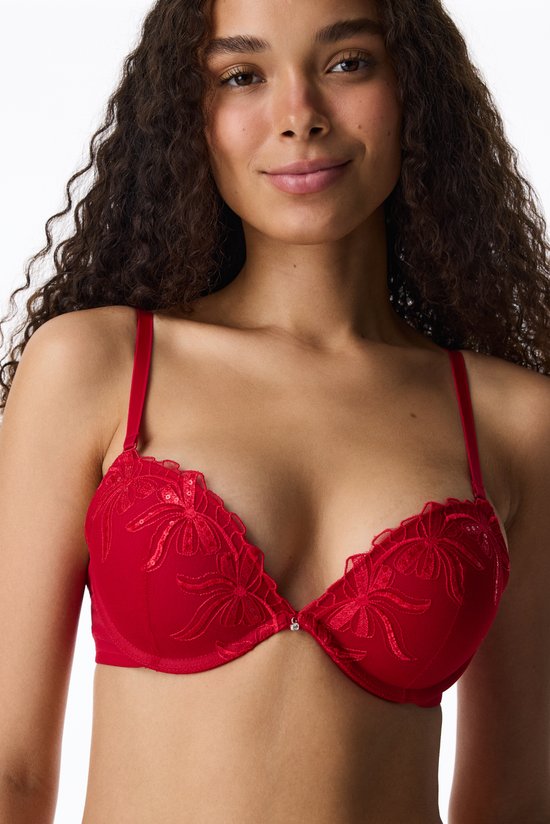 Tango Red Wow Broidery Bow Print Padded Bra - 2