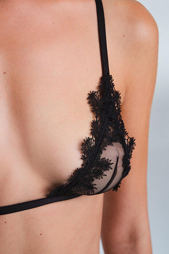 Siyah Zena Nakış Detaylı Balensiz Dolgusuz Üçgen Sütyen - 3