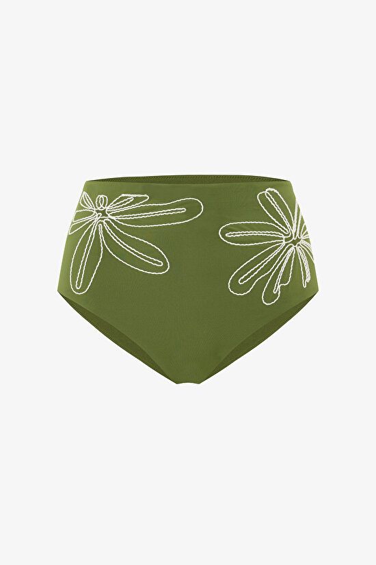 Olive Green Embroidery High Bikini Bottom - 5