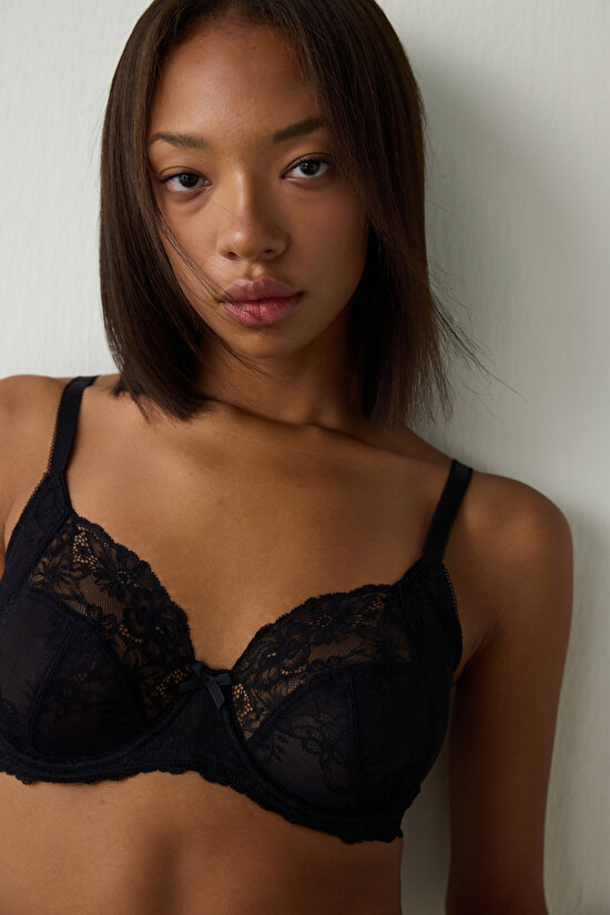 Siyah Daisy Balenli Dolgusuz Toparlayıcı Sütyen - 1