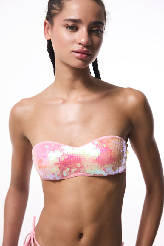 Pembe Sequin Tokalı Straplez Bikini Üstü - 1