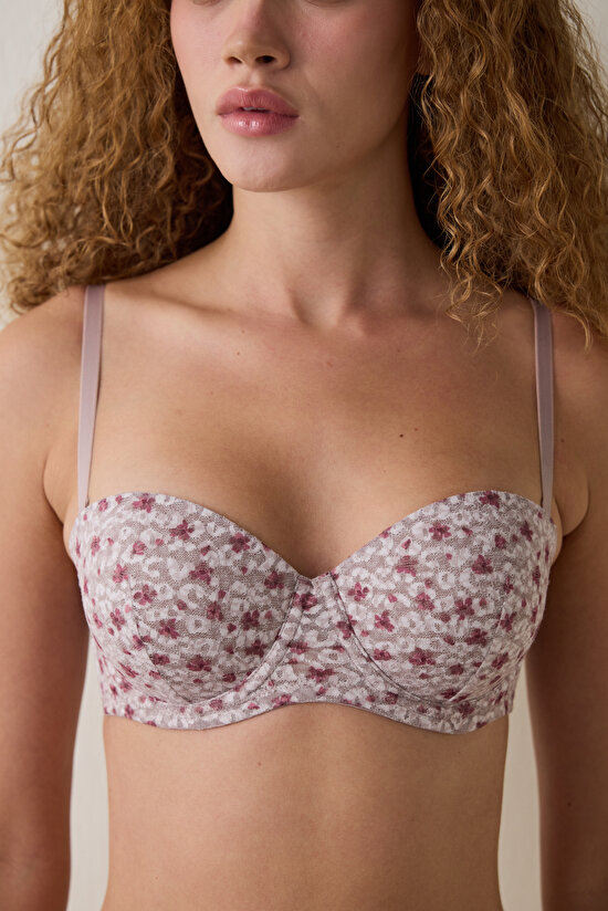 Beige Pop Up Floral Patterned Underwire Minimizer Lace Bra - 3