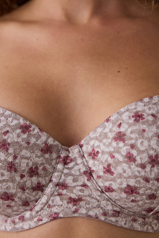 Beige Pop Up Floral Patterned Underwire Minimizer Lace Bra - 5