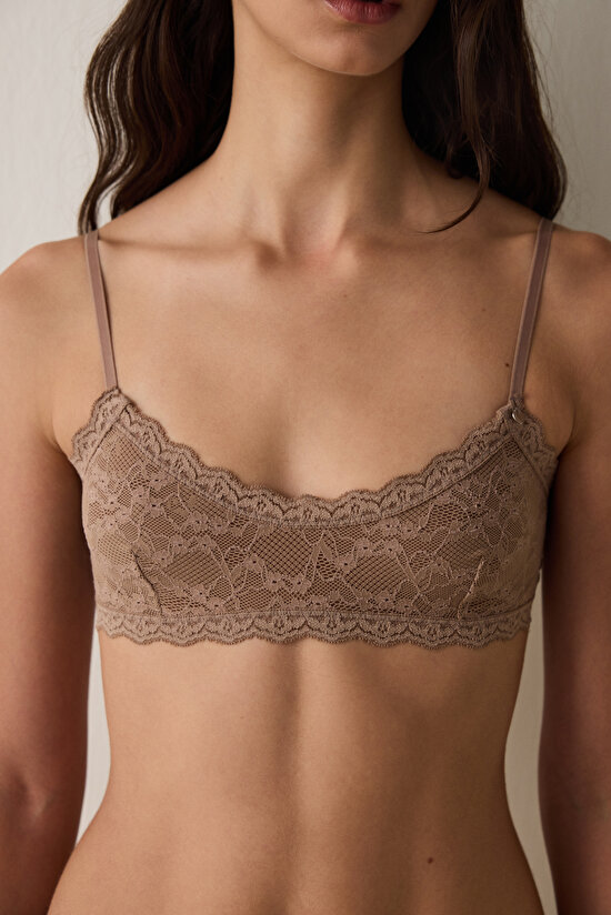 Açık Kahverengi Dantelli Balensiz Dolgusuz Üçgen Sütyen - 5