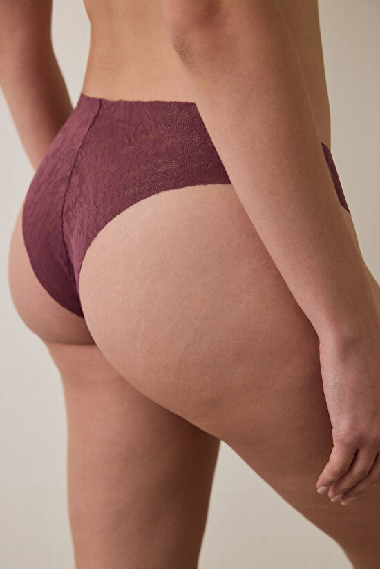 Bordo Çiçekli Dantelli İz Yapmayan Lazer Kesim Brazilian Külot - 1