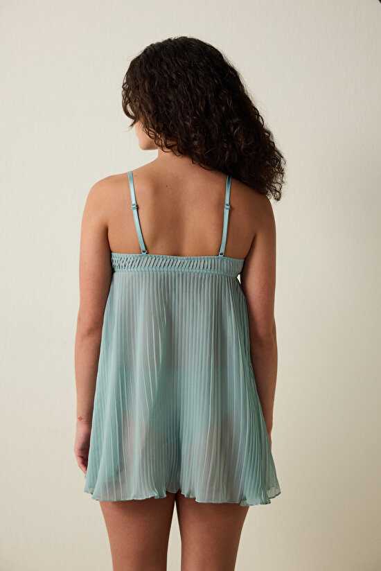 Mint Striped Chiffon Pleated Non-wired Babydoll - 7