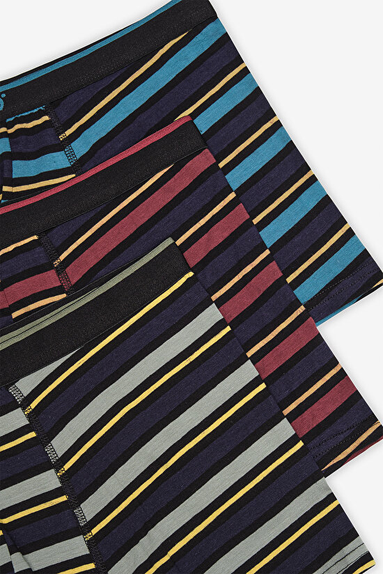 Erkek Pamuklu Detailed 3lü Çizgili Çok Renkli Boxer - 5