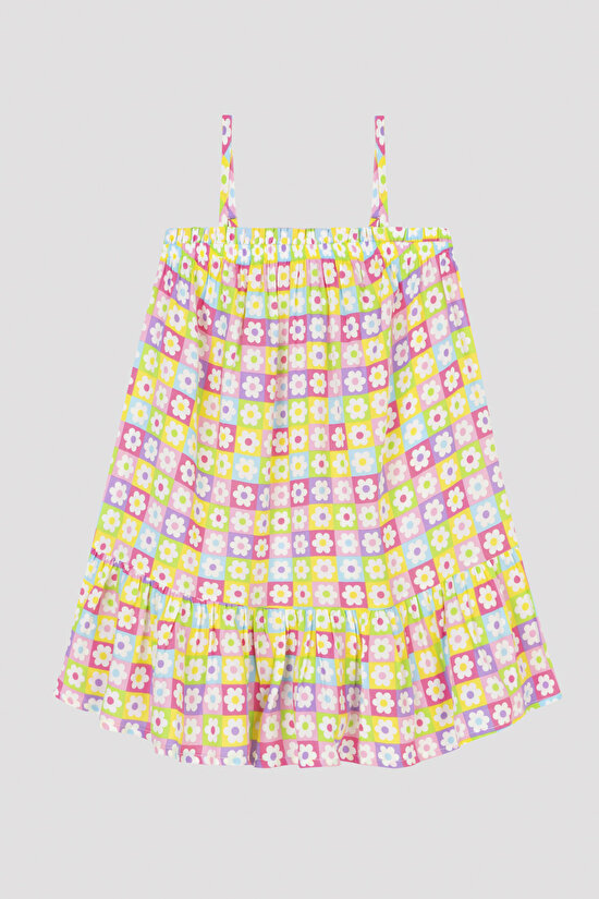 Kız Çocuk Kareli Papatya Desenli Elbise - 1