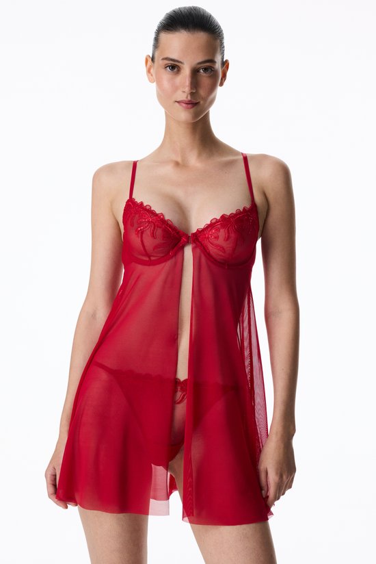 Tango Red Front Opening Bow Print Babydoll