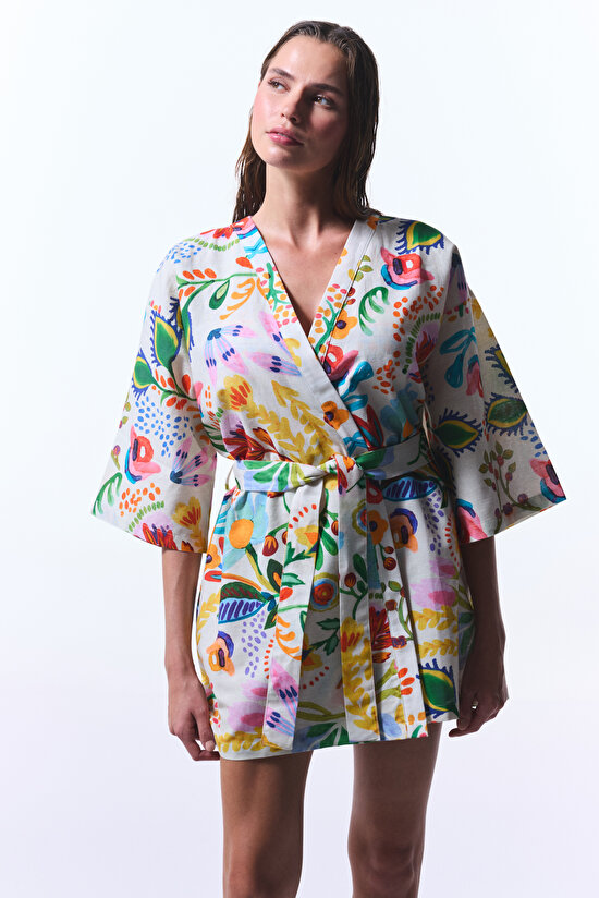 Çiçek Desenli Ila Kimono - 1