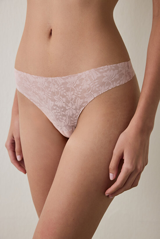 Gül Kurusu Dantelli İz Yapmayan Lazer Kesim Orta Bel Tanga Külot - 1