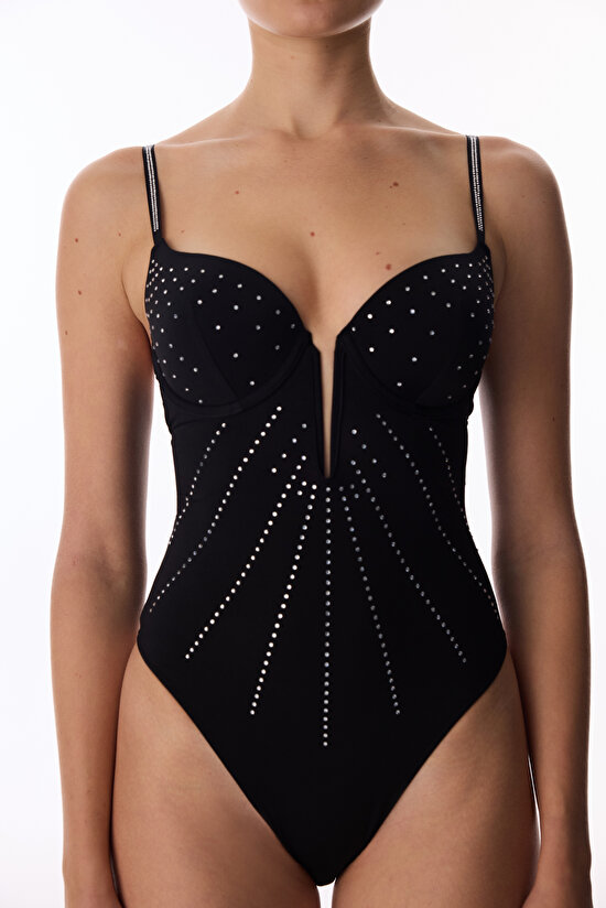 Siyah Satin Deep V Wire Bodysuit - 4