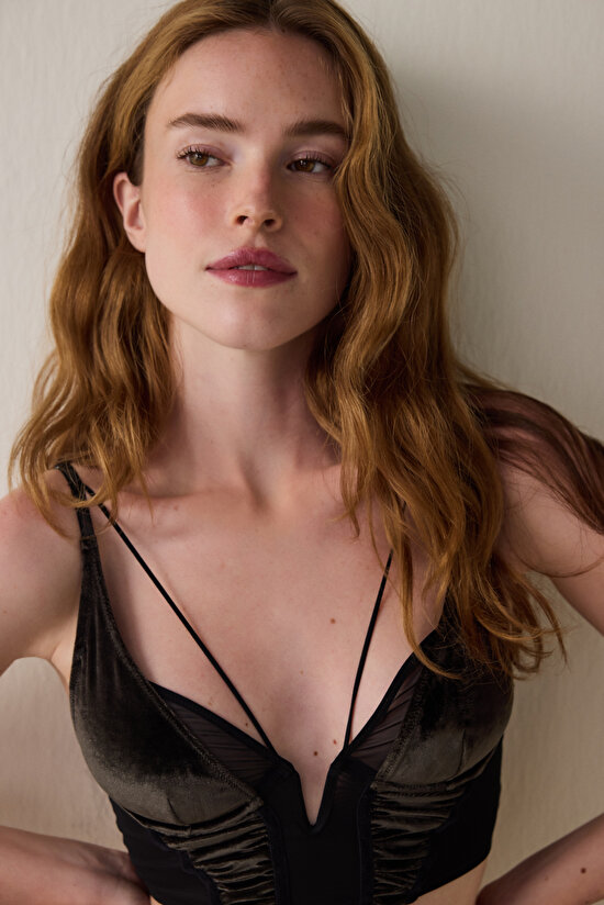 Black Embroidered Tulle Coverless Crop Bustier - 5