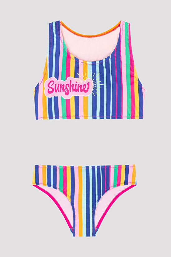 Genç Kız Çizgili Renkli Halter Bikini Takımı - 1