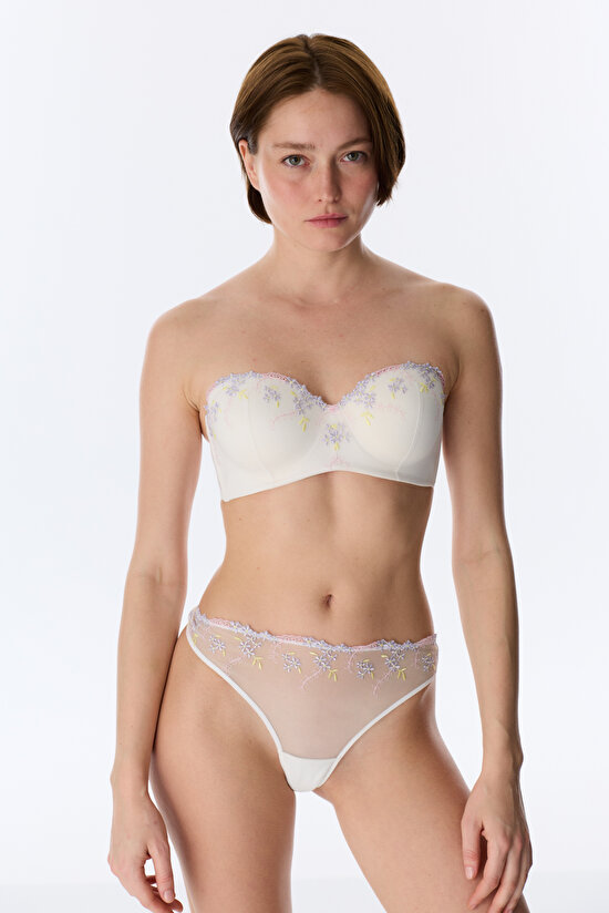 Kırık Beyaz Lotus Straplez Broderie Sütyen - 5