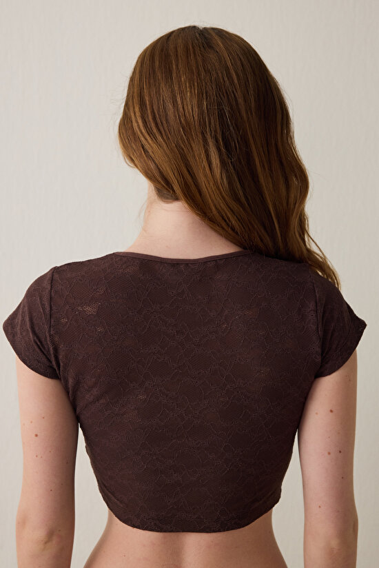 Kahverengi Bisiklet Yaka Dantelli Crop Üst - 5
