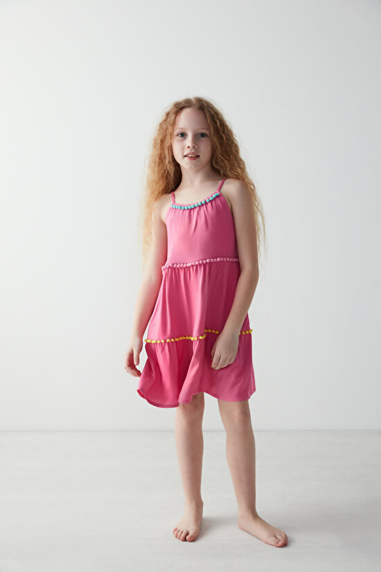 Kız Çocuk Renkli Pompom Elbise - 1