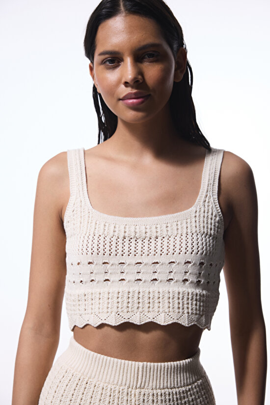 Taş Rengi Colette Nakış Detaylı Kare Yaka Crop TopÜst - 1