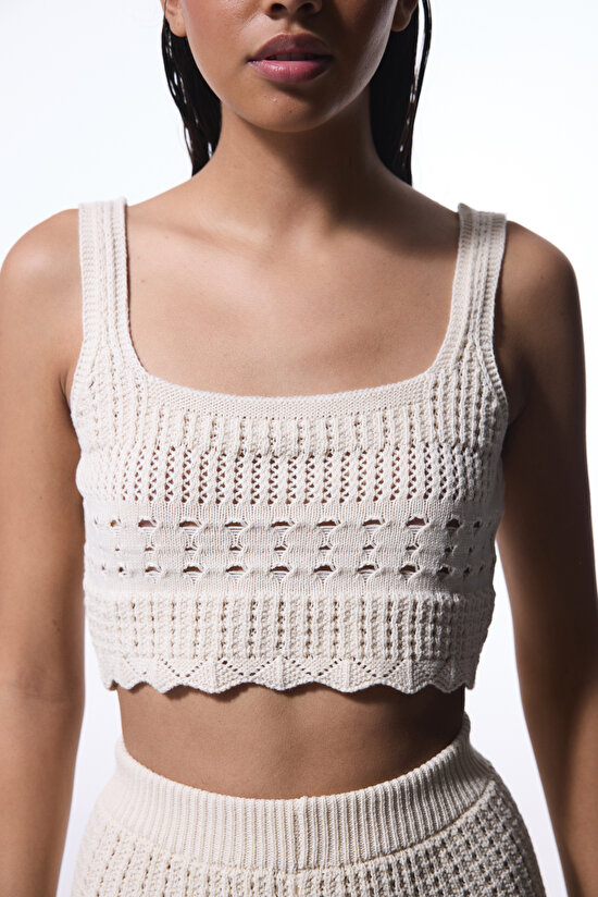 Taş Rengi Colette Nakış Detaylı Kare Yaka Crop TopÜst - 4