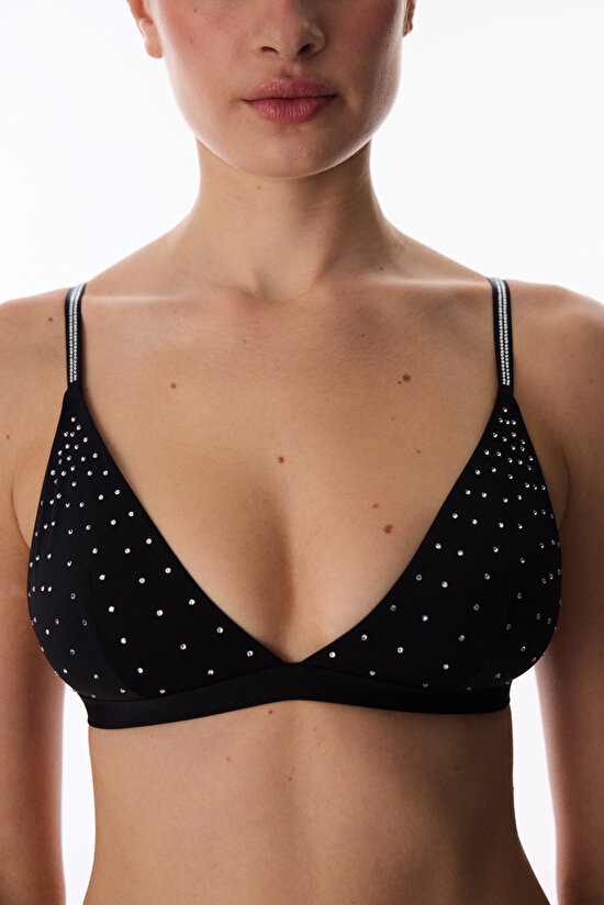 Siyah Satin Stone Triangle Sütyen - 3