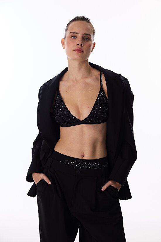 Siyah Satin Stone Triangle Sütyen - 6