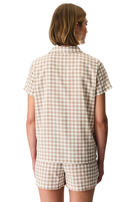 Latte Beige Gingham Gömlek Şortlu Pijama Takımı - 4