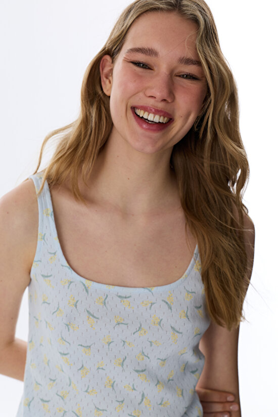 Açık Mavi Flora Pointel Şortlu Pijama Takımı - 2