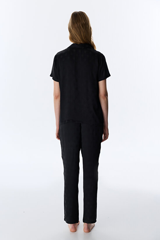 Siyah Lilah Saten Gömlek Pantolon Pijama Takımı - 3