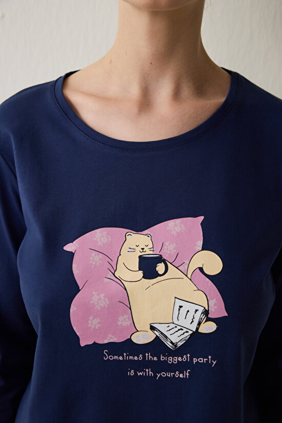 Indigo Sleepy Cat Crew Neck Long Sleeve Pajama Set Indigo Sleepy Cat Crew Neck Long Sleeve Pajama Set - 3