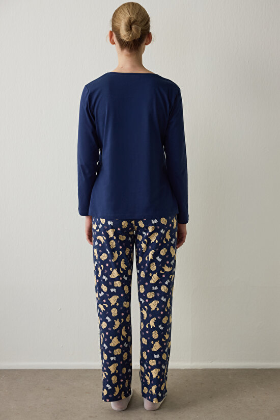 Indigo Sleepy Cat Crew Neck Long Sleeve Pajama Set Indigo Sleepy Cat Crew Neck Long Sleeve Pajama Set - 4