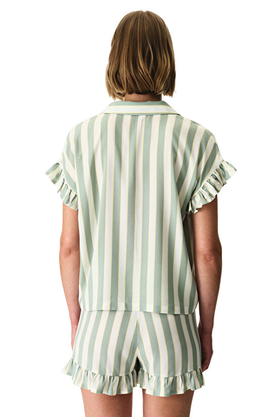 Açık Yeşil Sage Çizgili Gömlek Şortlu Pijama Takımı - 4