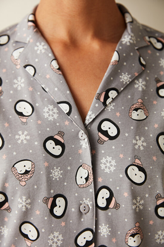 Cute Penguin Printed Long Sleeve Shirt PJ Set - 4