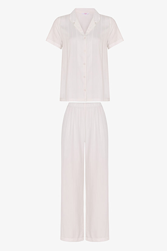 Beyaz Sophia Saten Gömlek Pantolon Pijama Takımı - 1