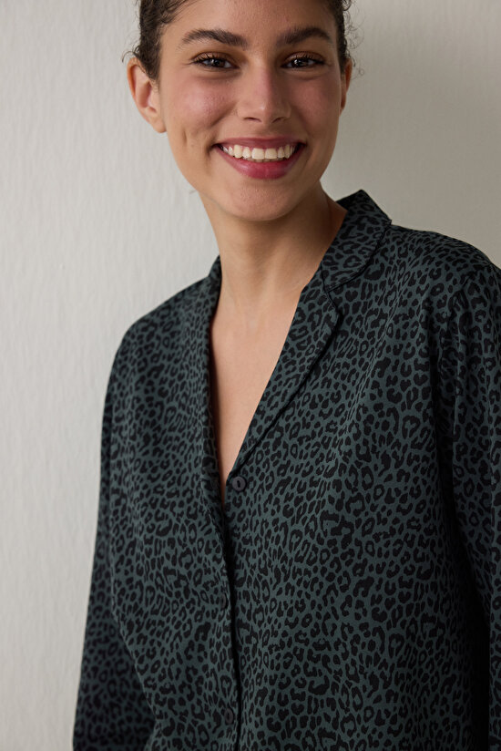 Siyah Dark Leopard Pamuklu Gömlek Pantolon Pijama Takımı - 3