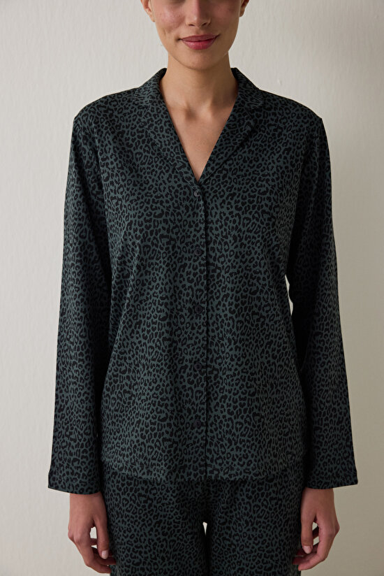 Siyah Dark Leopard Pamuklu Gömlek Pantolon Pijama Takımı - 4