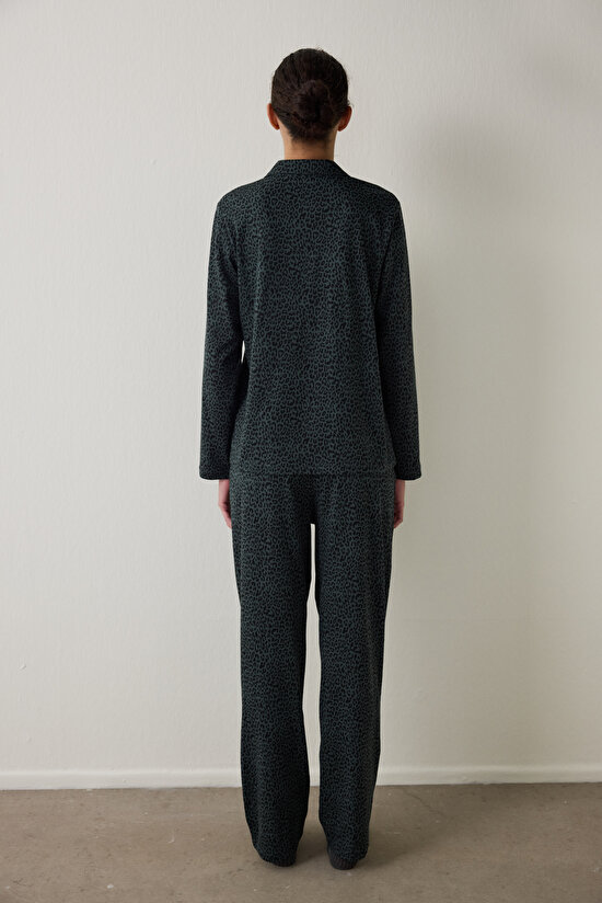 Siyah Dark Leopard Pamuklu Gömlek Pantolon Pijama Takımı - 5