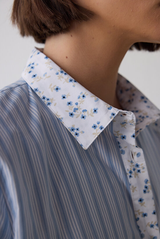 Açık Mavi Lilah Gömlek Yaka Pamuklu Uzun Kollu Şort Pijama Takımı - 3