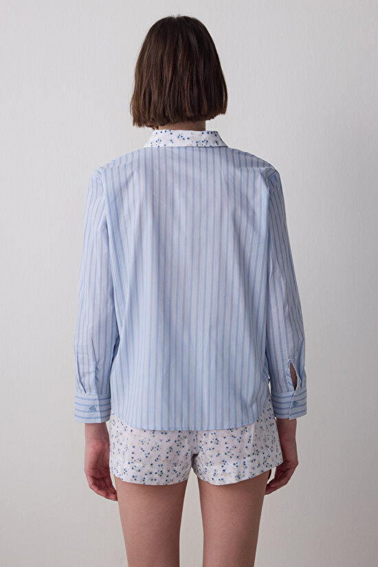 Açık Mavi Lilah Gömlek Yaka Pamuklu Uzun Kollu Şort Pijama Takımı - 5