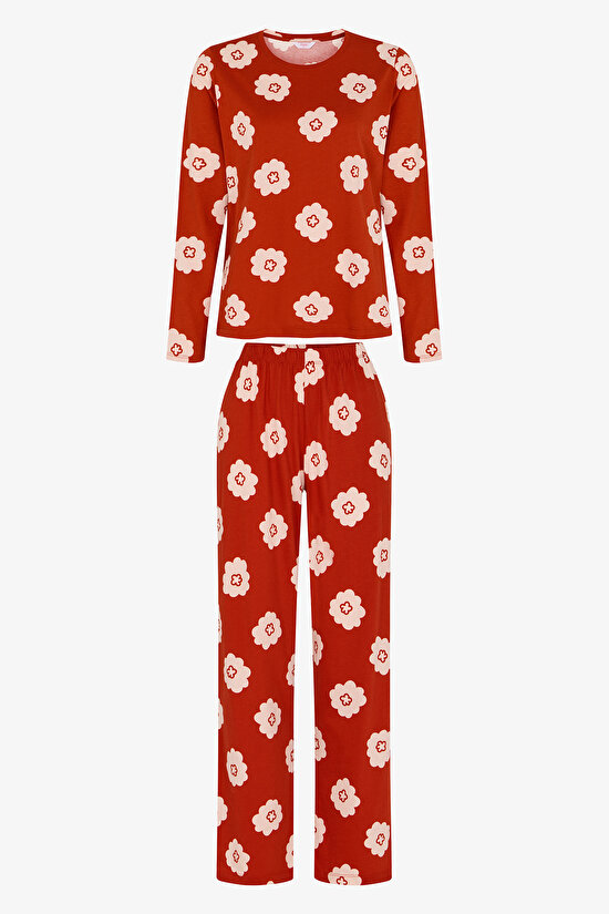 Orange Soft Bloom Floral Long Sleeve Pyjama Set with Trousers - 1