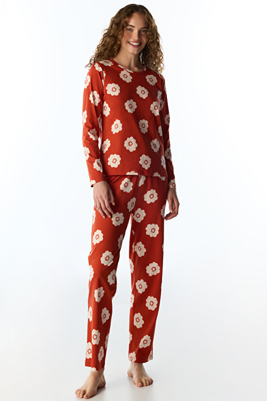 Turuncu Soft Bloom Çiçekli Uzun Kollu Pantolon Pijama Takımı - 2